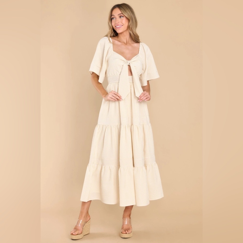 Red Dress Boutique -  Elegant Simplicity Tan Seersucker Midi Dress